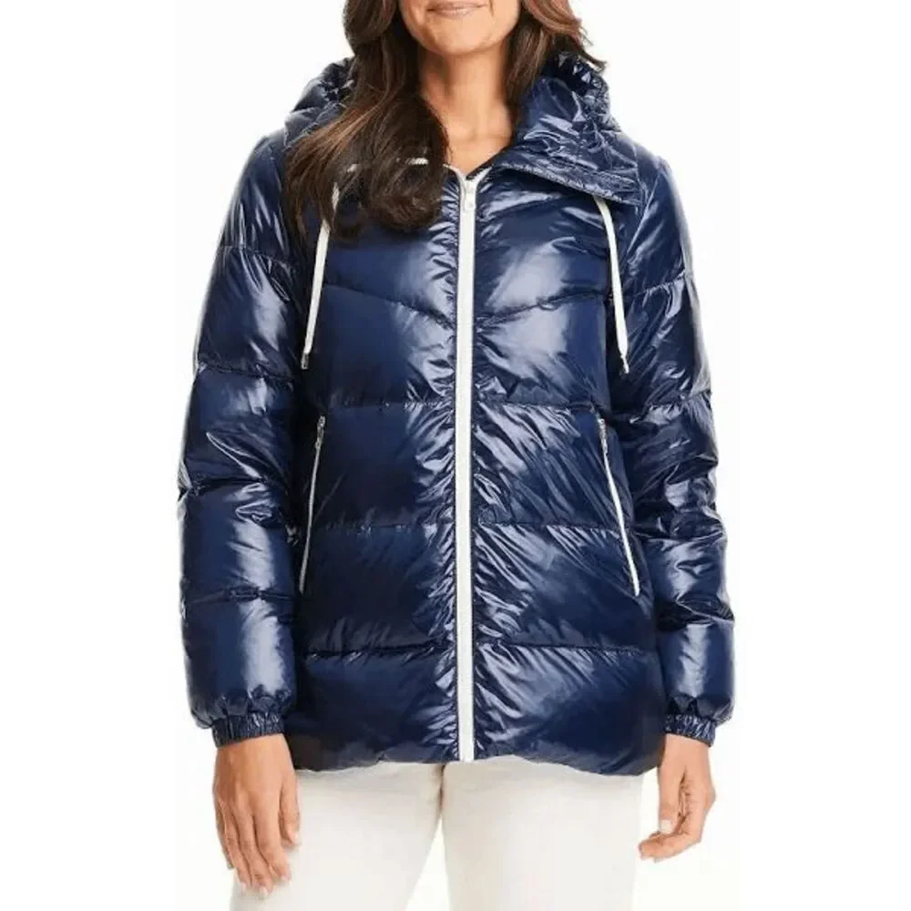 Kate Spade‎ Women's NWT Blue Metallic Hooded Zip Front Down Jacket Coat Large